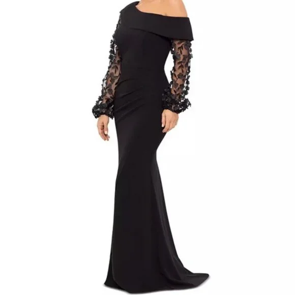 Xscape | Dresses | Xscape Black Floral Applique Long Sleeve Scuba Crepe Gown  | Poshmark